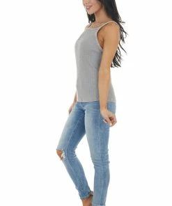 Kori America Grey Mineral Wash Ribbed Knit Tank Top With Halter Neckline Tops 23 Kori America Grey Mineral Wash Ribbed Knit Tank Top With Halter Neckline Tops