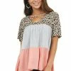 Main Strip Tops Grey Coral And Leopard Print Top With Criss Cross Neckline