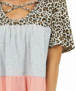 Main Strip Tops Grey Coral And Leopard Print Top With Criss Cross Neckline