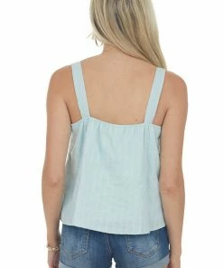 143 Story Hazy Aqua Square Neck Crochet Lace Tank Top Tops