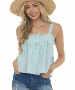 143 Story Hazy Aqua Square Neck Crochet Lace Tank Top Tops