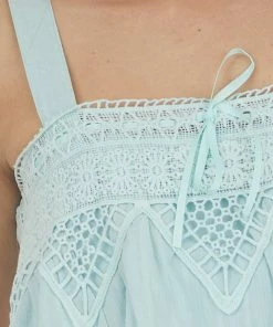 143 Story Hazy Aqua Square Neck Crochet Lace Tank Top Tops