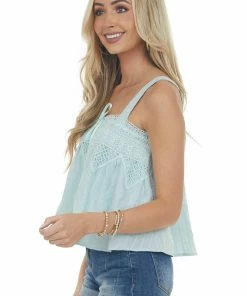 143 Story Hazy Aqua Square Neck Crochet Lace Tank Top Tops