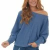 She + Sky Hazy Blue Dolman Sleeve Fleece Waffle Knit Top