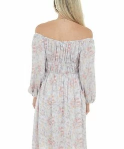 143 Story Hazy Blue Floral Elastic Off Shoulder Dress Dresses