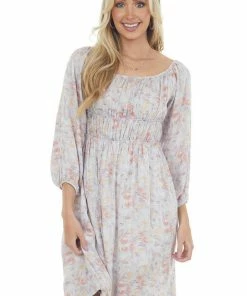 143 Story Hazy Blue Floral Elastic Off Shoulder Dress Dresses