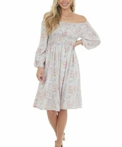 143 Story Hazy Blue Floral Elastic Off Shoulder Dress Dresses