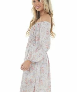 143 Story Hazy Blue Floral Elastic Off Shoulder Dress Dresses