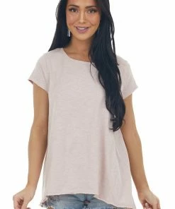 Easel Hazy Blush Melange Raw Edge High Low Hem Top Tops