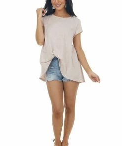 Easel Hazy Blush Melange Raw Edge High Low Hem Top Tops