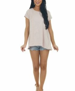 Easel Hazy Blush Melange Raw Edge High Low Hem Top Tops