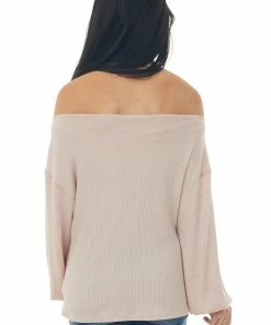 Andree Hazy Blush Off Shoulder Light Ribbed Knit Top Tops