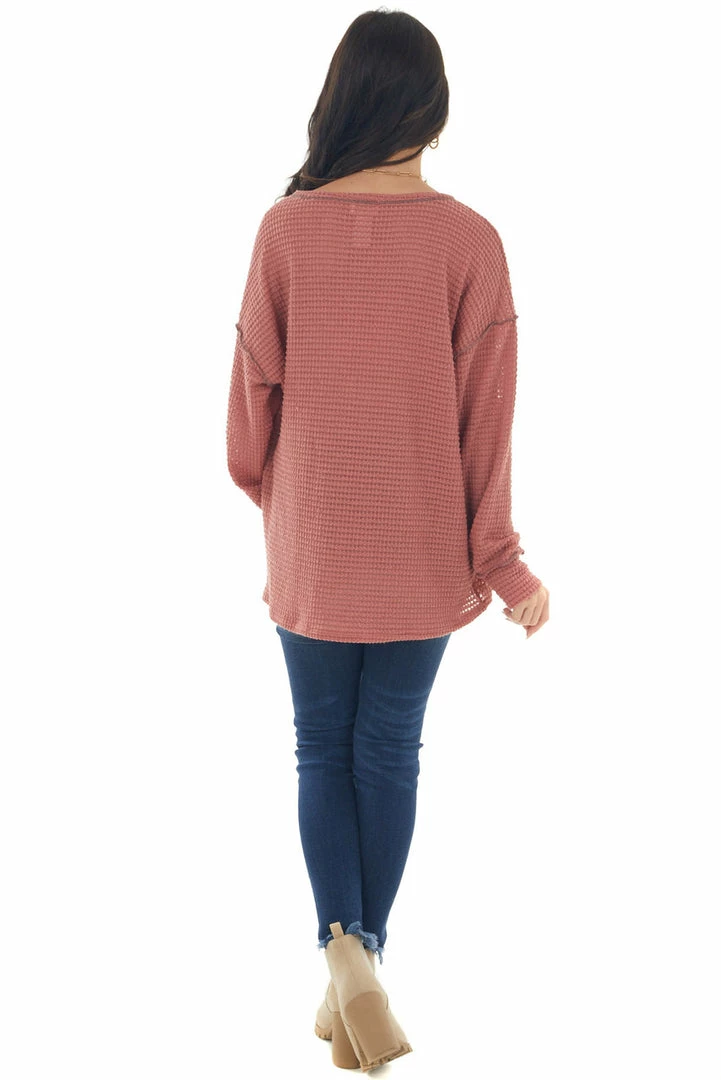 BiBi Hazy Coral Loose Waffle Knit Chest Pocket Top 8 BiBi Hazy Coral Loose Waffle Knit Chest Pocket Top