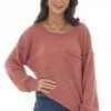 BiBi Hazy Coral Loose Waffle Knit Chest Pocket Top