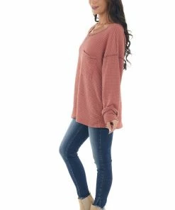 BiBi Hazy Coral Loose Waffle Knit Chest Pocket Top 20 BiBi Hazy Coral Loose Waffle Knit Chest Pocket Top