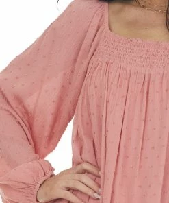 143 Story Dresses Hazy Coral Swiss Dot Square Neck Flowy Dress