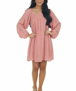 143 Story Dresses Hazy Coral Swiss Dot Square Neck Flowy Dress