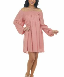 143 Story Dresses Hazy Coral Swiss Dot Square Neck Flowy Dress