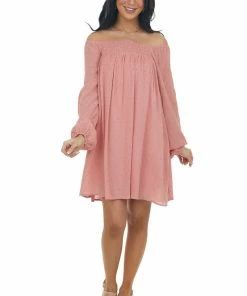 143 Story Dresses Hazy Coral Swiss Dot Square Neck Flowy Dress