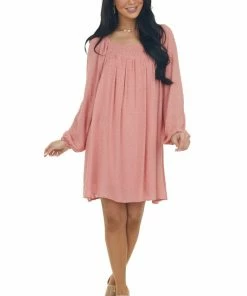 143 Story Dresses Hazy Coral Swiss Dot Square Neck Flowy Dress