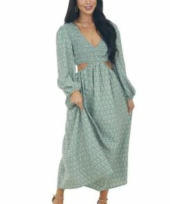 Entro Hazy Jade Floral Print Side Cut Out Maxi Dress Dresses