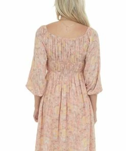 143 Story Dresses Hazy Peach Floral Elastic Off Shoulder Dress