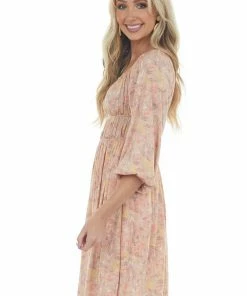 143 Story Dresses Hazy Peach Floral Elastic Off Shoulder Dress