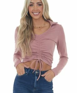 She + Sky Hazy Pink Adjustable Ruched Collared Knit Top Tops