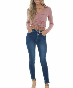 She + Sky Hazy Pink Adjustable Ruched Collared Knit Top Tops