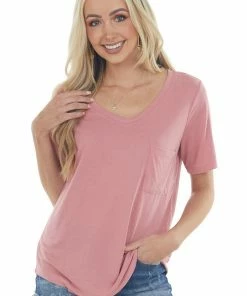 Style Melody Tops Hazy Punch Short Sleeve Chest Pocket Knit Top