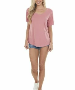Style Melody Tops Hazy Punch Short Sleeve Chest Pocket Knit Top