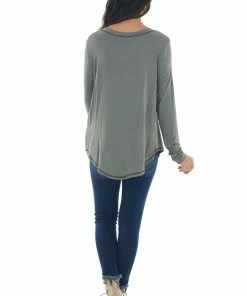 143 Story Hazy Sage Exposed Stitch Chest Pocket Knit Top