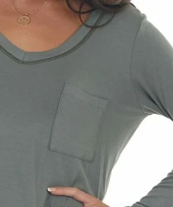 143 Story Hazy Sage Exposed Stitch Chest Pocket Knit Top