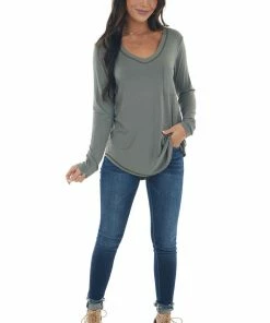 143 Story Hazy Sage Exposed Stitch Chest Pocket Knit Top