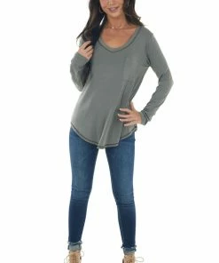 143 Story Hazy Sage Exposed Stitch Chest Pocket Knit Top