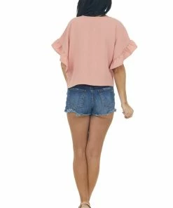 Entro Tops Hazy Salmon V Neck Ruched Ruffle Sleeve Blouse