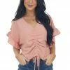 Entro Tops Hazy Salmon V Neck Ruched Ruffle Sleeve Blouse