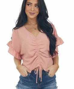 Entro Tops Hazy Salmon V Neck Ruched Ruffle Sleeve Blouse