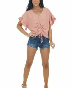 Entro Tops Hazy Salmon V Neck Ruched Ruffle Sleeve Blouse