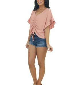 Entro Tops Hazy Salmon V Neck Ruched Ruffle Sleeve Blouse
