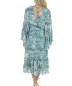 HYFVE Dresses Hazy Teal Tie Dye Flowy Sleeve Midi Dress 16 HYFVE Dresses Hazy Teal Tie Dye Flowy Sleeve Midi Dress