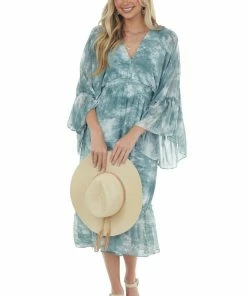 HYFVE Dresses Hazy Teal Tie Dye Flowy Sleeve Midi Dress 13 HYFVE Dresses Hazy Teal Tie Dye Flowy Sleeve Midi Dress