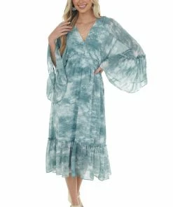 HYFVE Dresses Hazy Teal Tie Dye Flowy Sleeve Midi Dress 14 HYFVE Dresses Hazy Teal Tie Dye Flowy Sleeve Midi Dress