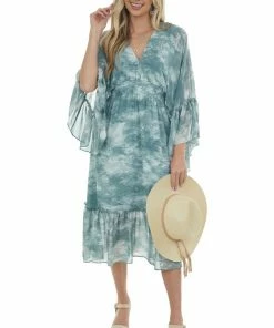 HYFVE Dresses Hazy Teal Tie Dye Flowy Sleeve Midi Dress 12 HYFVE Dresses Hazy Teal Tie Dye Flowy Sleeve Midi Dress