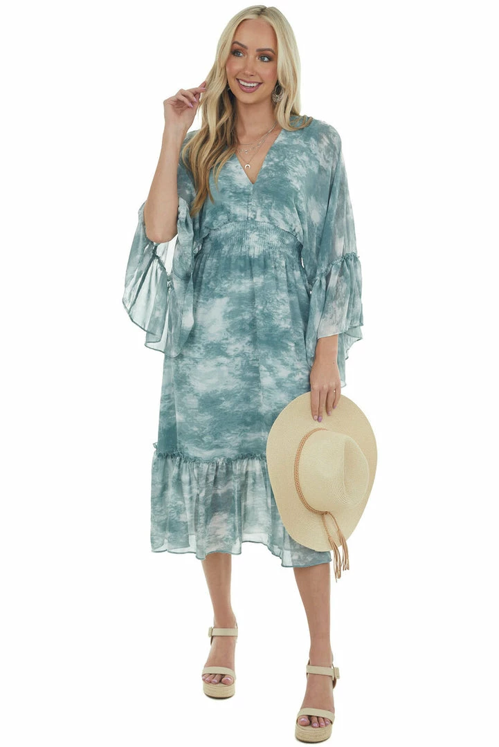HYFVE Dresses Hazy Teal Tie Dye Flowy Sleeve Midi Dress 5 HYFVE Dresses Hazy Teal Tie Dye Flowy Sleeve Midi Dress