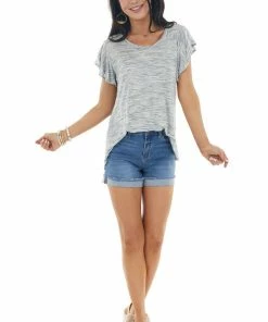 143 Story Heather Grey And Charcoal Knit Top With Flutter Sleeves Tops