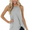 Haptics Heather Grey Front Twist Stretchy Knit Top With Halter Neck 1 Haptics Heather Grey Front Twist Stretchy Knit Top With Halter Neck