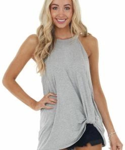 Haptics Heather Grey Front Twist Stretchy Knit Top With Halter Neck