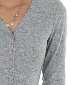 Dress Forum Heather Grey Knit Long Sleeve Bodysuit With Button Details Tops