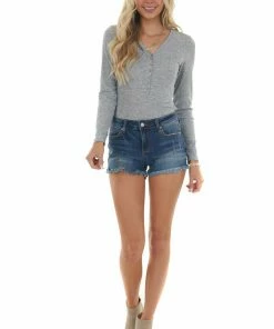 Dress Forum Heather Grey Knit Long Sleeve Bodysuit With Button Details Tops